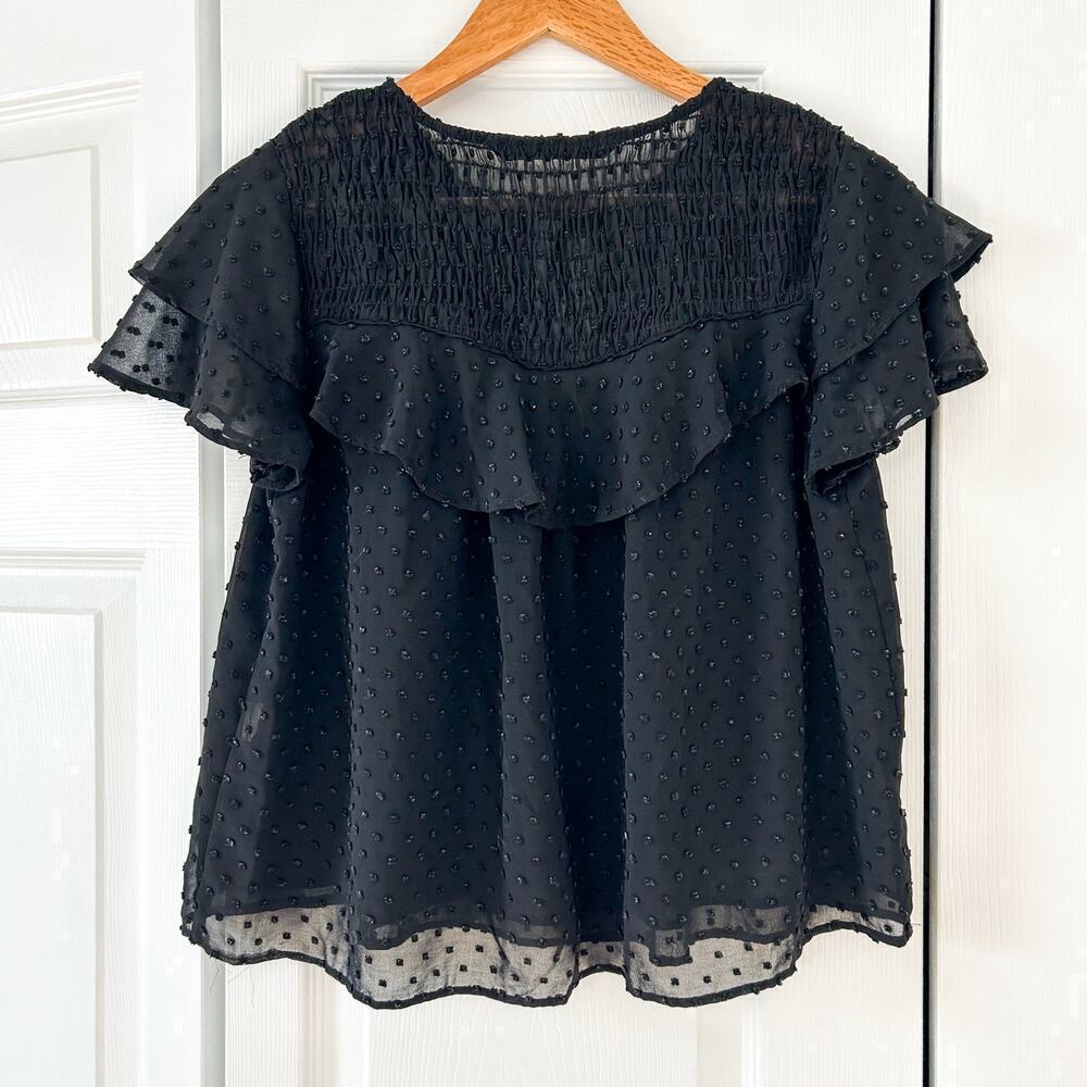 ZARA Black Plumeti Sheer Ruffle Flutter Sleeve Smocked Blouse Top EUC Size S - Picture 6 of 6